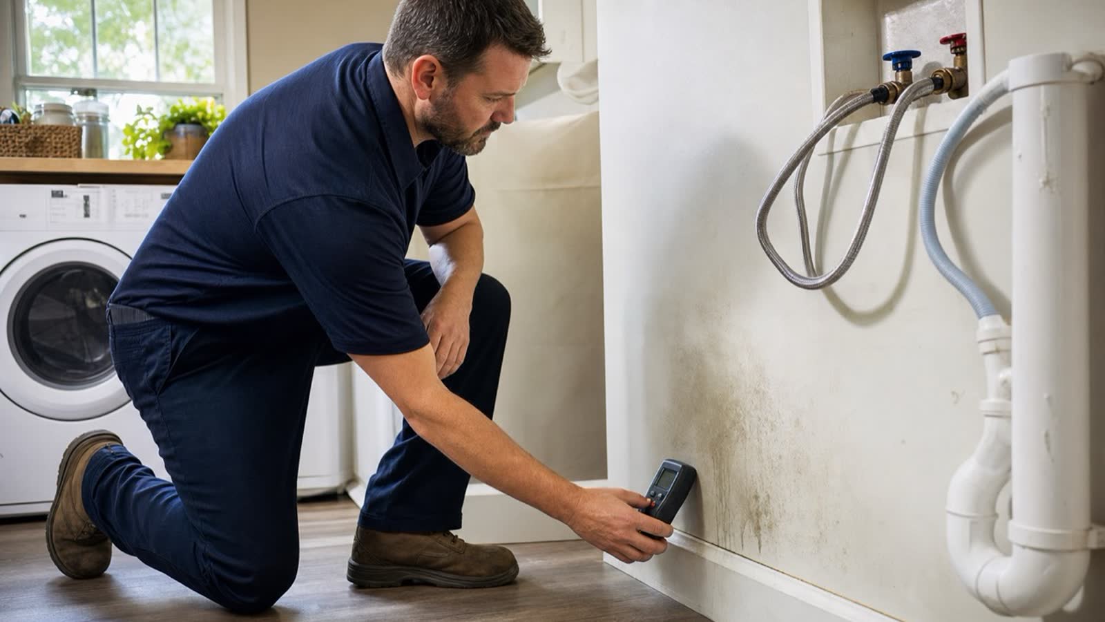 Mold remediation team working inside a contained room with air-control equipment
